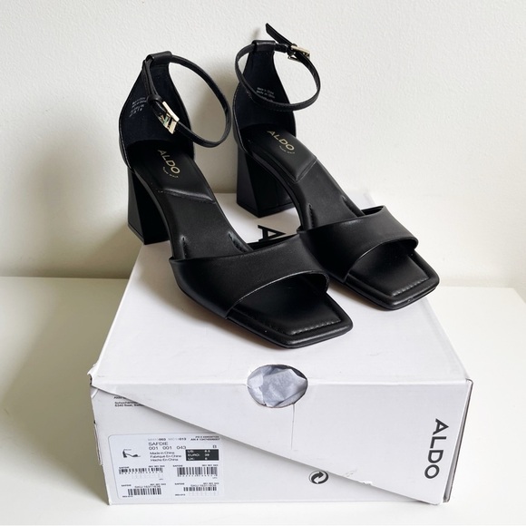 NEW ALDO Safdie Ankle strap heels sandal Block heel square toe black leather 8.5 - Picture 2 of 16